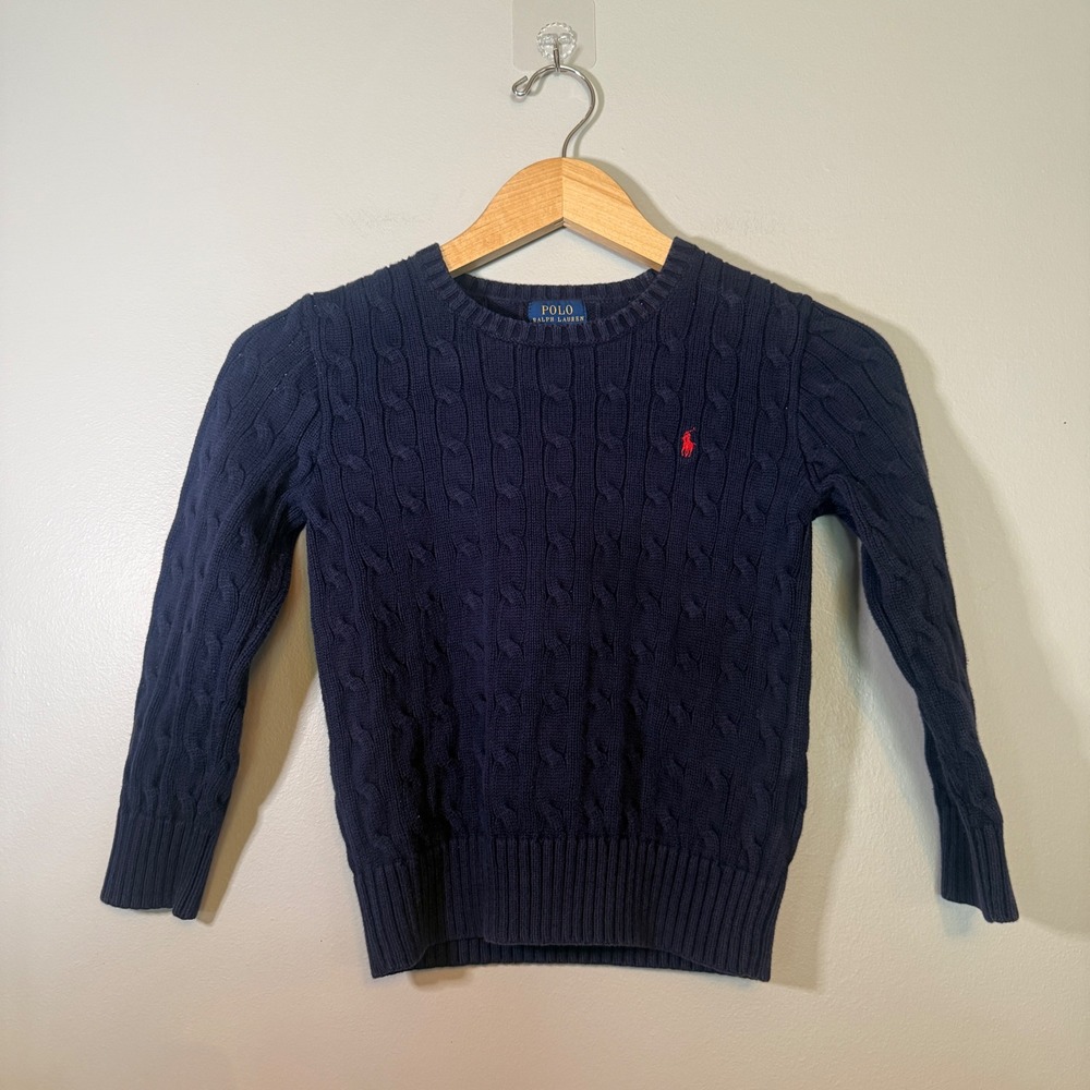 Polo Ralph Lauren Kids Navy Blue Cable Knit Cotton Sweater Size 7 Red Pony Logo